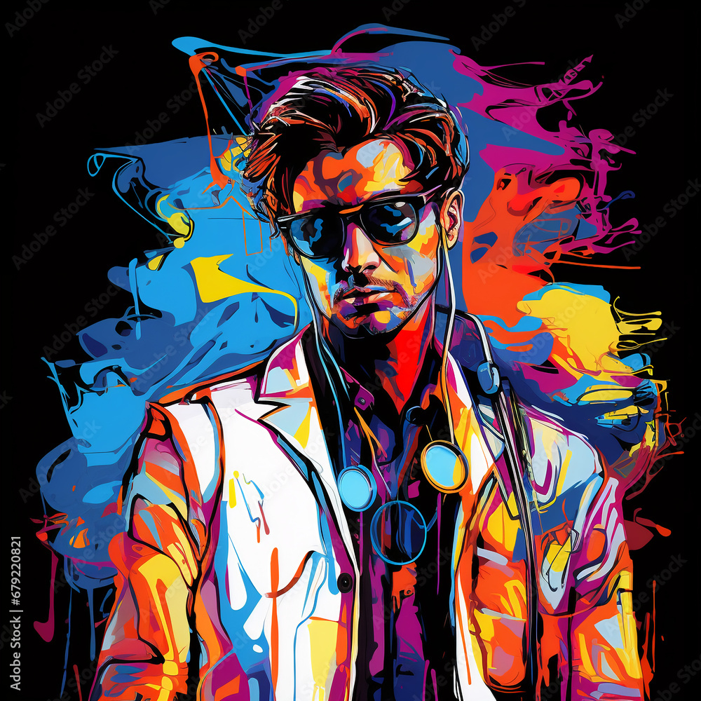 vibrant pop art portrait of a doctor executed in rich colors with dripping paint and graffiti elements vibrant pop art portrait of a doctor executed in rich colors with dripping paint and graffiti elements