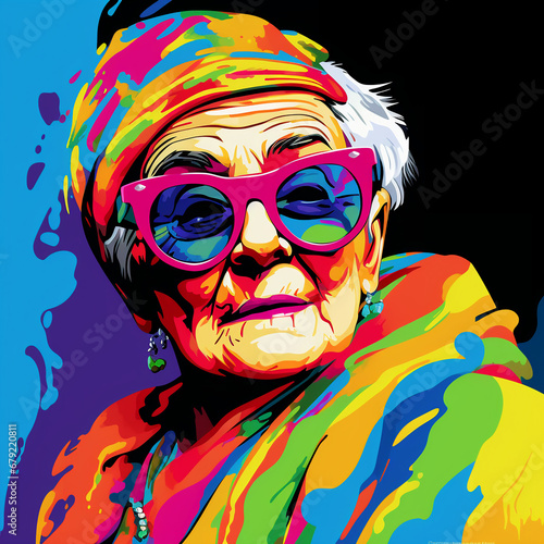 vibrant pop art portrait of a old woman in sunglasses executed in rich colors with dripping paint and graffiti elements
