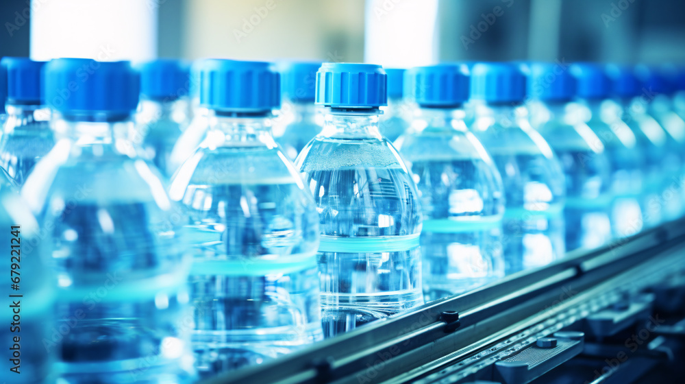 Drinking water production line in factory, a row of drinking water in plastic bottles in close up shot. Drinking water production line in factory, a row of drinking water in plastic bottles in close up shot.