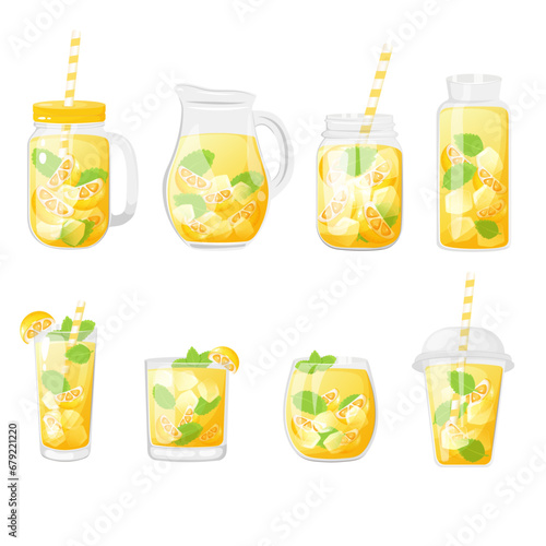 Lemonade in different glass container. Summer soft drinks with lemon and mint.