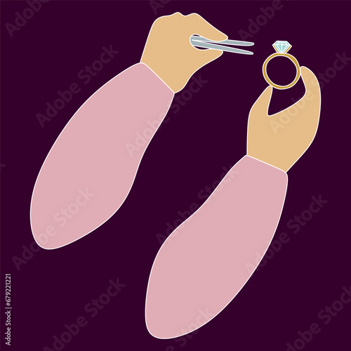 Jewelry making concept. Jeweler hands Holding Tweezers and Ring with Diamond. Flat style icon design isolated on dark background. Handmade accessory, Jewel workshop. Template for Web design
