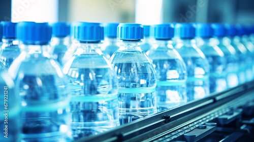 Drinking water production line in factory, a row of drinking water in plastic bottles in close up shot.