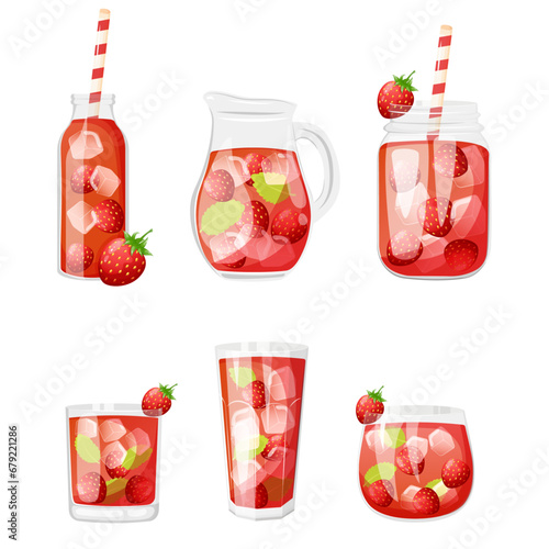 Summer soft cold drinks in different glass container with strawberry and mint. Cartoon vector illustration isolate on white background.
