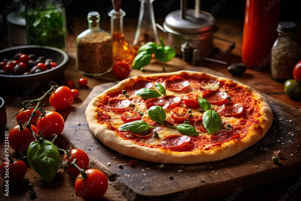 Fresh homemade delicious pepperoni pizza on wooden board surrounded by pizza ingredients and spice in rustic kitchen.