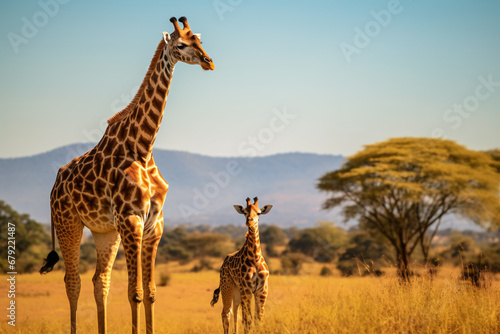 Giraffe mother and baby in grassland savanna day time, tallest animal in the world.