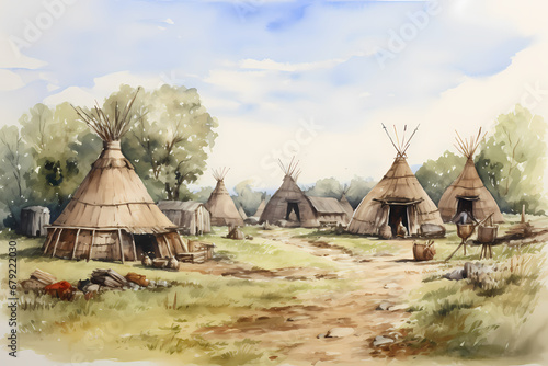 Vikings village with viking people and houses, watercolor illustration