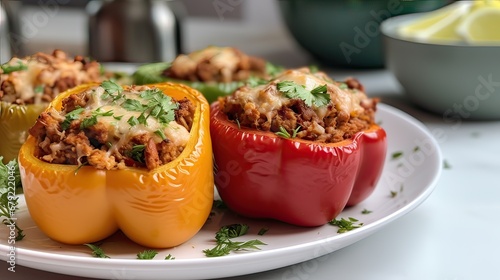 stuffed pepper on white plate and kitchen background  photo