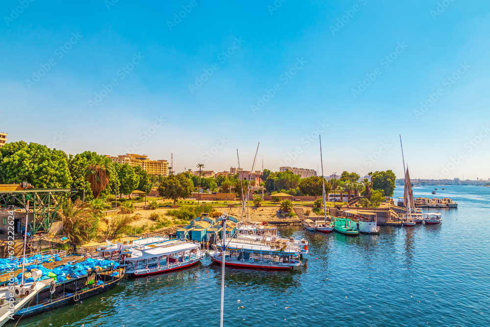 View of the Aswan waterfront from the Nile River.
