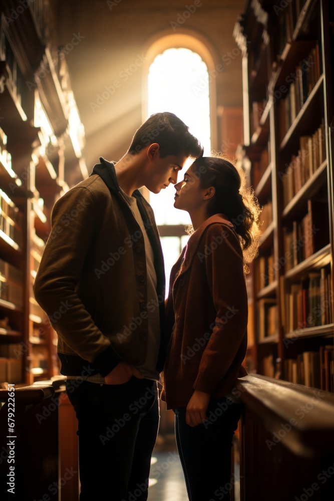 A young couple of students in love hide and kiss in the library. A guy and a girl among the bookshelves. Generative AI.