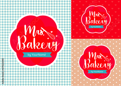 Logo Mrs Bakery confectionery Sweet Cute Flower Whisk Egg Heart Love Tag Design Visual brand Red Magenta Blue Fucsia Pink Pattern Chess