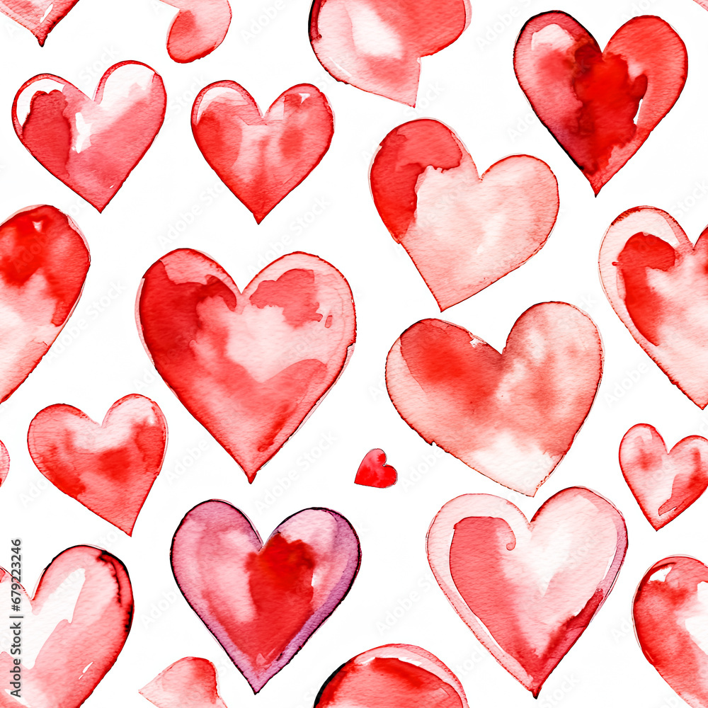 Watercolor Red Hearts Seamless Pattern Background for Valentines Day, Romantic Pattern