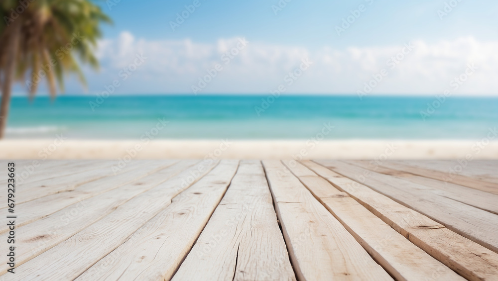 Fototapeta premium Empty wooden floor for product display montages with sea and mountain background