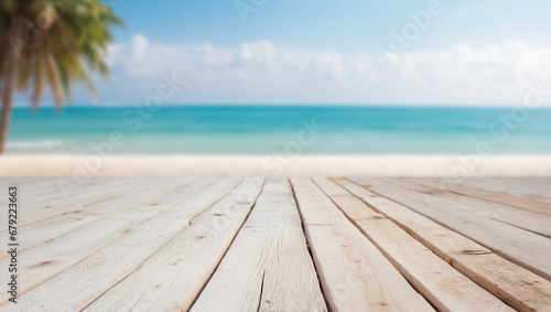 Empty wooden floor for product display montages with sea and mountain background photo
