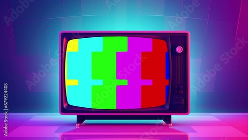 Old tv in pink blue gradient neon light. Retro colorful animated. Video flat cartoon animation design element 4k AI generative photo