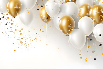 Happy birthday template  with sparkles, white and gold balloons 