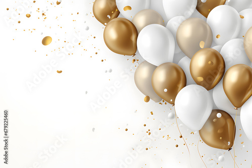 Happy birthday template with sparkles, white and gold balloons 