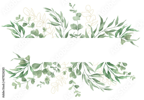 Watercolor floral card with eucalyptus branches. Hand drawn illustration isolated on white background. Vector EPS. photo