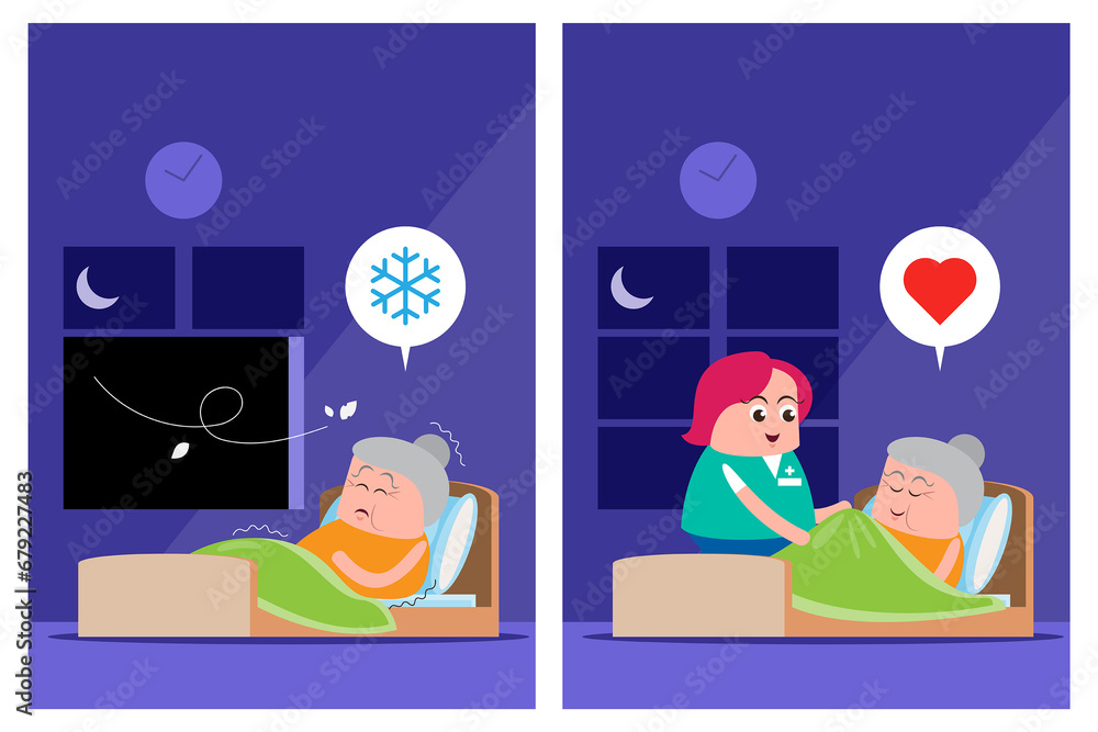 emotion cute vector, illustration flat cartoon character lifestyle senior woman sleep alone and nurse take care sleep at home.