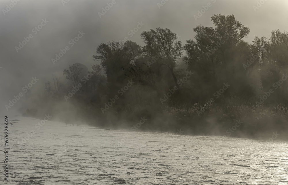 brume matinale le long d'un cours d'eau avec les berges recouvertes d'arbres en automne.