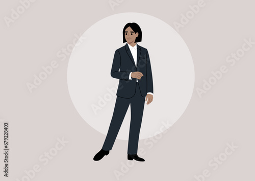 An elegant character in a refined black tuxedo, sans bow, perfect for a sophisticated night out or a formal event