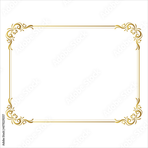 Golden Luxury Calligraphic royael vintage Frame. Hand Drawn Golden Shiny Border for Menu, Sertificate, Greeting Cards or Classic Wedding Design. Vector Illustration.