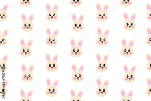 Seamless pattern with kawaii cute cartoon smiling little bunny, rabbit or hare face, head for kids