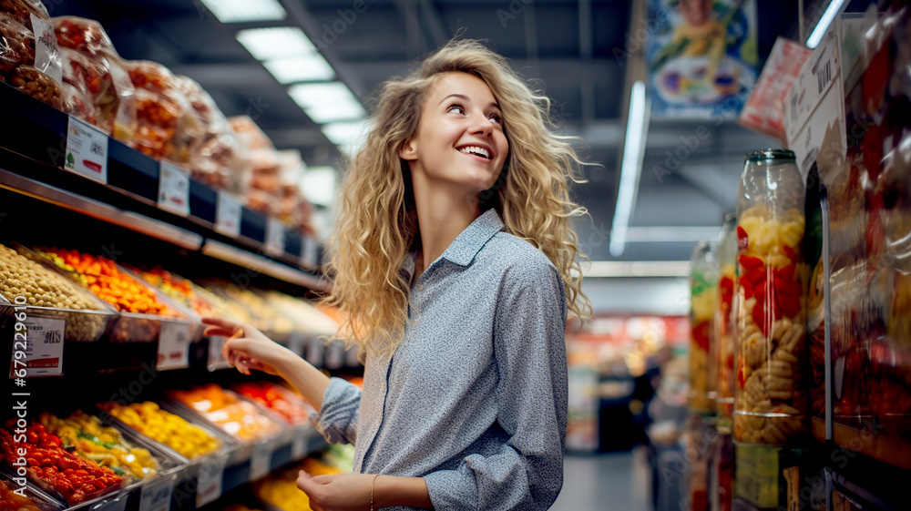 Woman is shopping at supermarket. Walk between shelves and select products, look for suitable items and get discounts. Generative AI