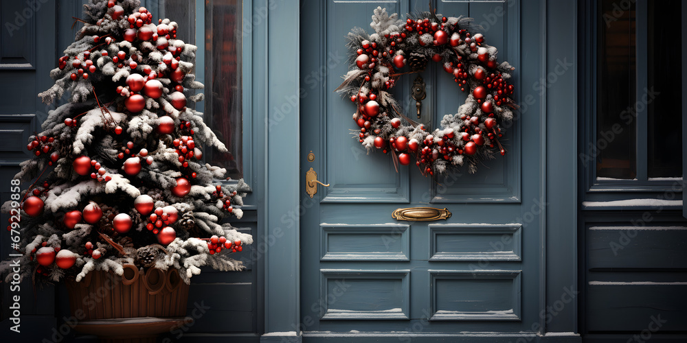 Beautiful Christmas wreath hanging on entrance door. Elegant Christmas wreath on white wooden door in snowy day 