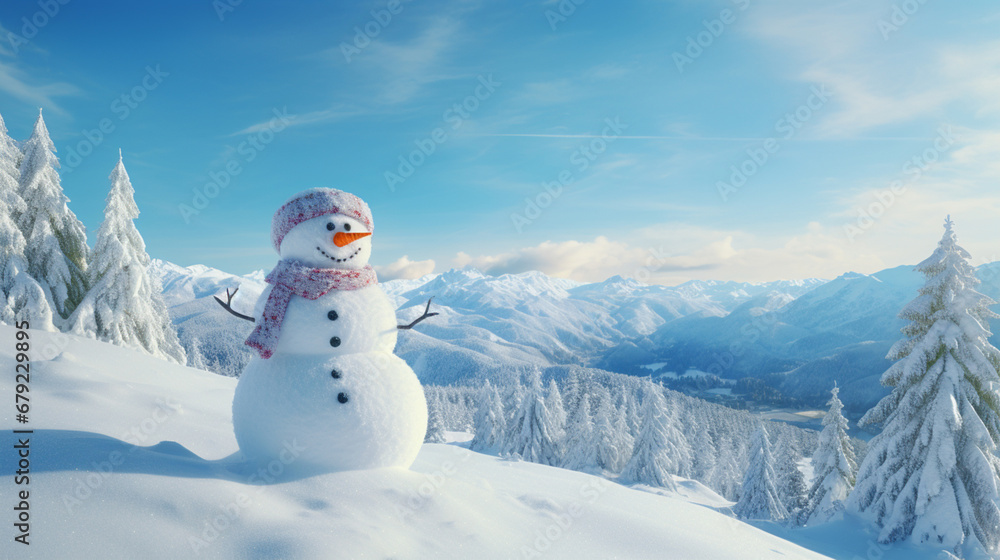A snowman in the mountains