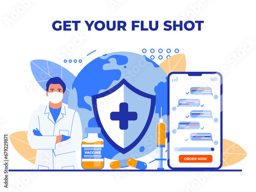 Get your flu shot today web illustration for websites, social media, news. Pharmacy concept. Doctor in white doctor's coat encourages people to get vaccinated against influenza with a flu shot