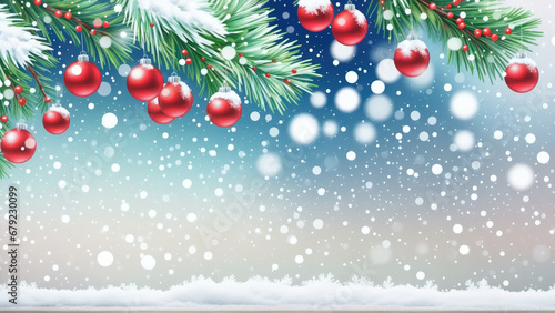 christmas background with christmas tree branch ornaments and snow