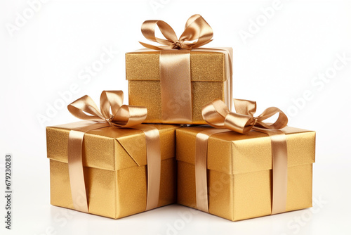 Gift boxes tied with ribbons isolated on a white background. Congratulatory, New Year or Christmas background.