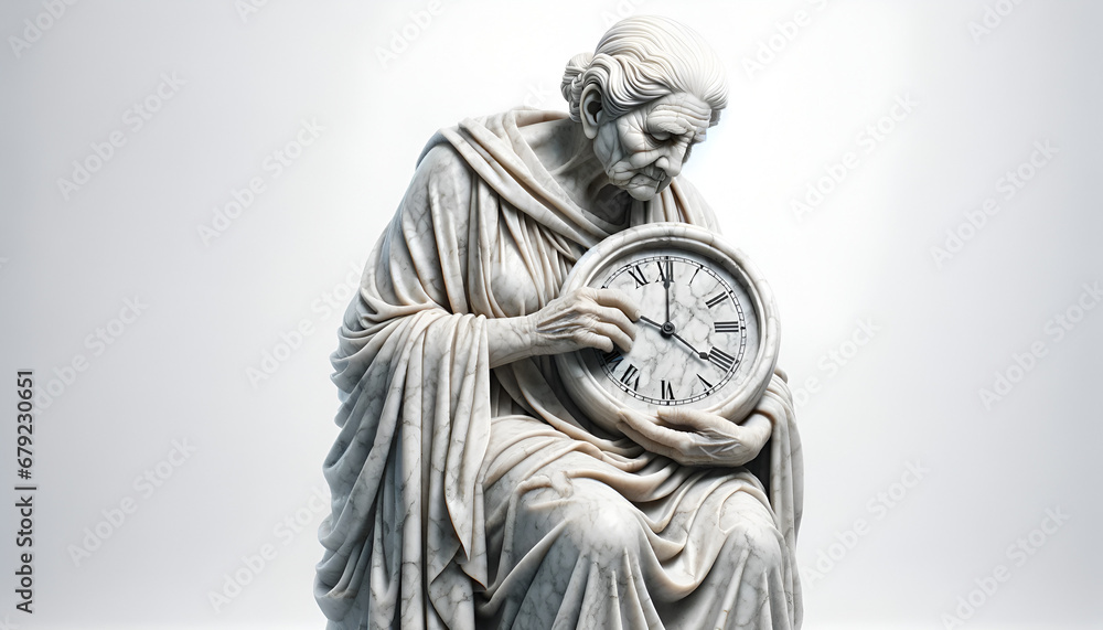 altgriechische Marmorstatue hält eine Uhr, klammert sich an vergangener Zeit fest, Alterungsprozess - obrazy, fototapety, plakaty 