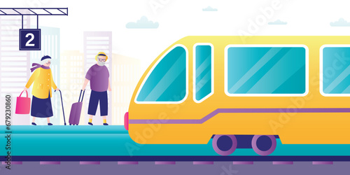 Railway station with high speed train, aged tourists on platform. Exterior of subway waiting terminal with locomotive on railroad. Elderly passengers go to train departure.