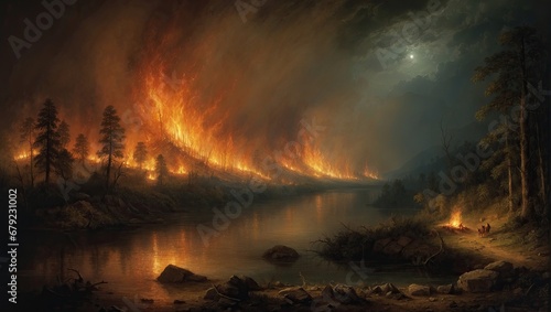 Erupting volcano  burning forests