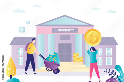 Students pay lot of money for education. University or college building and young people holding money. High tuition fees. Education loan, scholarship. Investment in future.