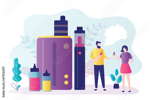 Vape zone, cartoon people with vapor devices. Vape smoking area, young adults smoking e-cigarette. Vaping - modern alternative classic cigarettes. Various giant vaporizers.