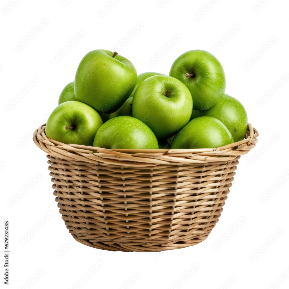 Green apples in basket. Isolated transparent background Green apples in basket. Isolated transparent background