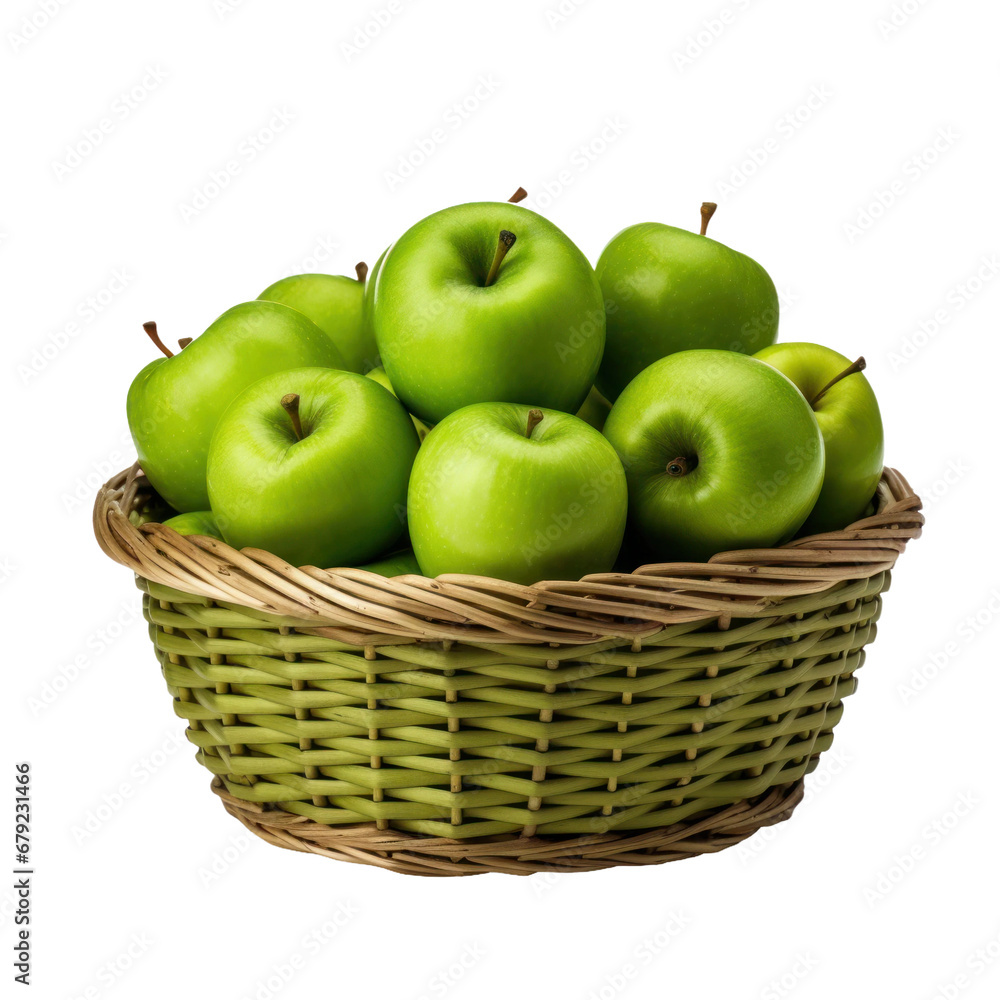 Green apples in basket. Isolated transparent background
