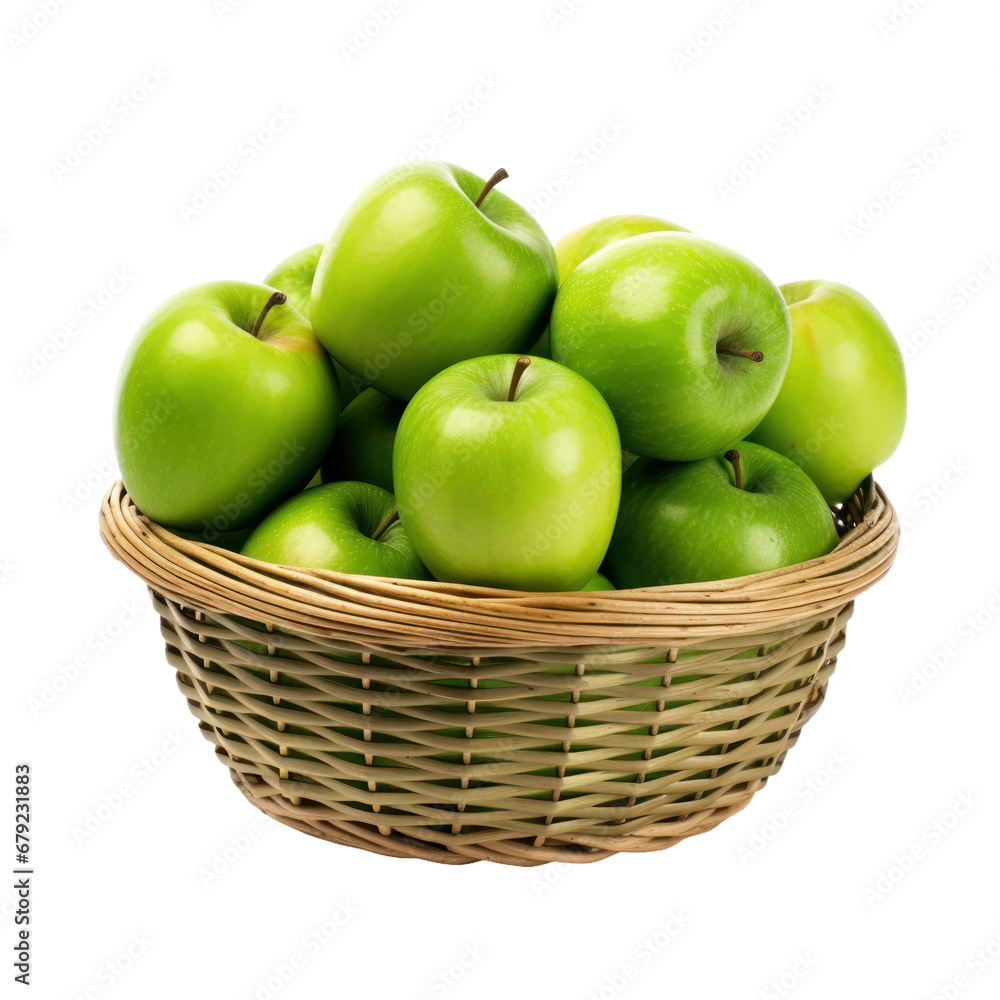 Green apples in basket. Isolated transparent background Green apples in basket. Isolated transparent background
