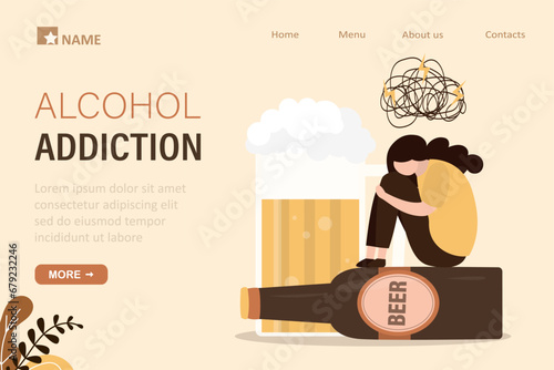 Unhappy woman sitting on beer bottle. Problems in life, alcohol addiction, landing page template. Female character with pernicious habits dependence and substance abuse.
