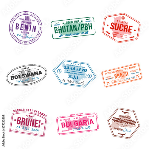 Set of travel visa stamps for passports. Abstract international and immigration office stamps. Arrival and departure customs visa stamps to country. Vector