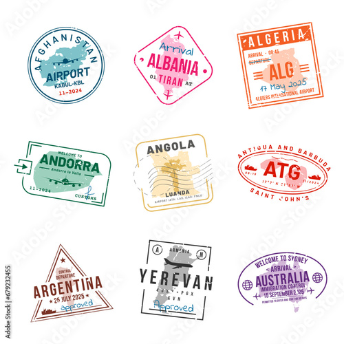 Set of travel visa stamps for passports. Abstract international and immigration office stamps. Arrival and departure customs visa stamps to country. Vector