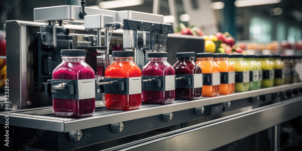 Obraz na płótnie Automatic plant for the production of natural juice, conveyor with juice. Generative AI w salonie