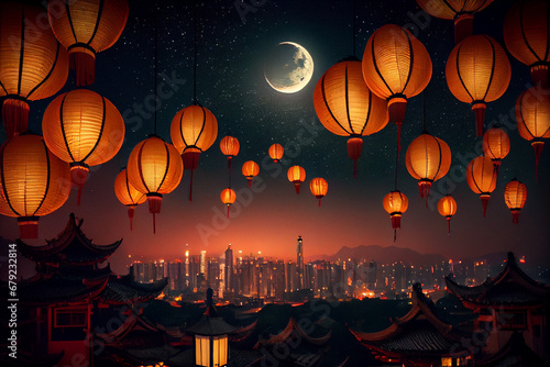 Lots of Chinese lanterns in the night sky. Thousand skylanterns. photo