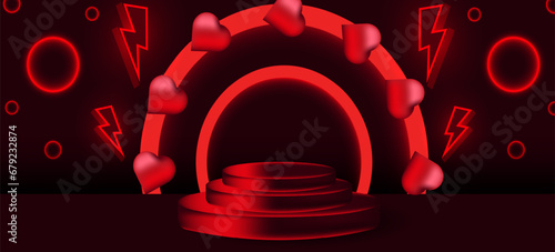 Trendy 3d advertising Pedestal with light arch, lightning and 3d heart. Creative Design template of 3d Podium for Valentine's day Sale background. Vector illustration. Modern Design 14 february.