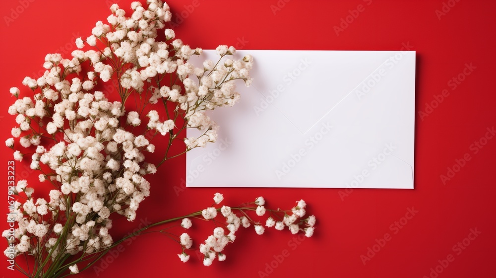 Wedding tabletop mockup including gypsophila flowers and a white paper list in an red hue, Generative AI.