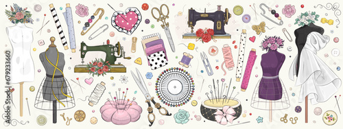 Vector hand drawn sewing retro set. Collection of highly detailed hand drawn sewing tools isolated on background