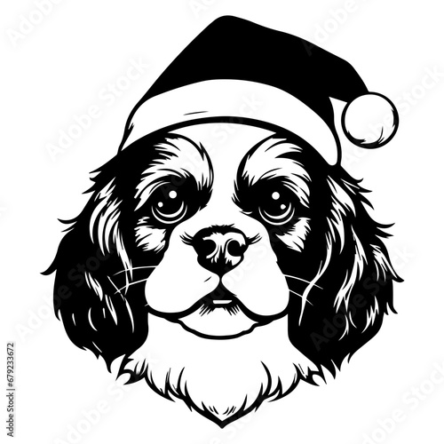 Cute Cavalier King Charles Spaniel Dog wearing Santa hat head, Christmas illustration, Generative AI.