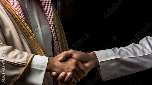 Executive Connection: Western and Arabic Businessman's Handshake Seals the Deal in Corporate Meeting.
